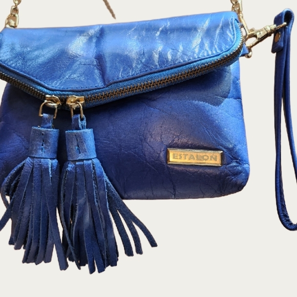 Estelon Electric Blue Leather Crossbody/Wristlet/ Clutch with Tassels EUC - Picture 5 of 14